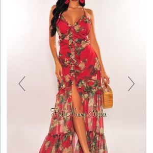 Red Floral Ruffle Slit Maxi Dress